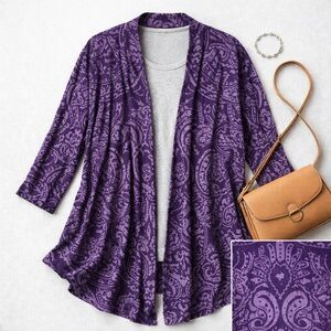 Dressbarn Purple Paisley Open Front Cardigan Size 14/16 Lightweight 3/4 Sleeve